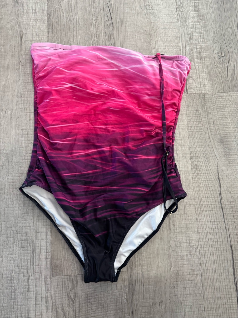 Strapless Ombre Pink & Black Ruched One-Piece Swimsuit